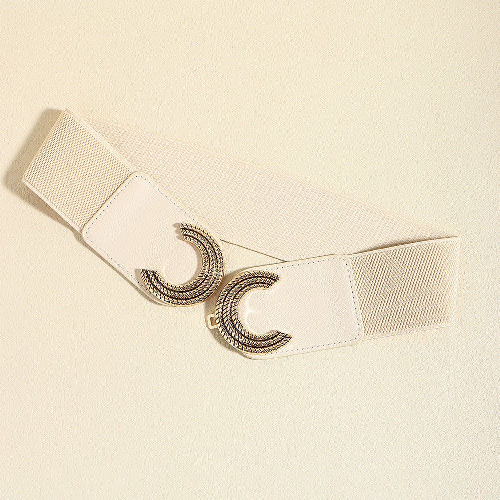 Ivory stretch belt with double C buckle and faux leather accents