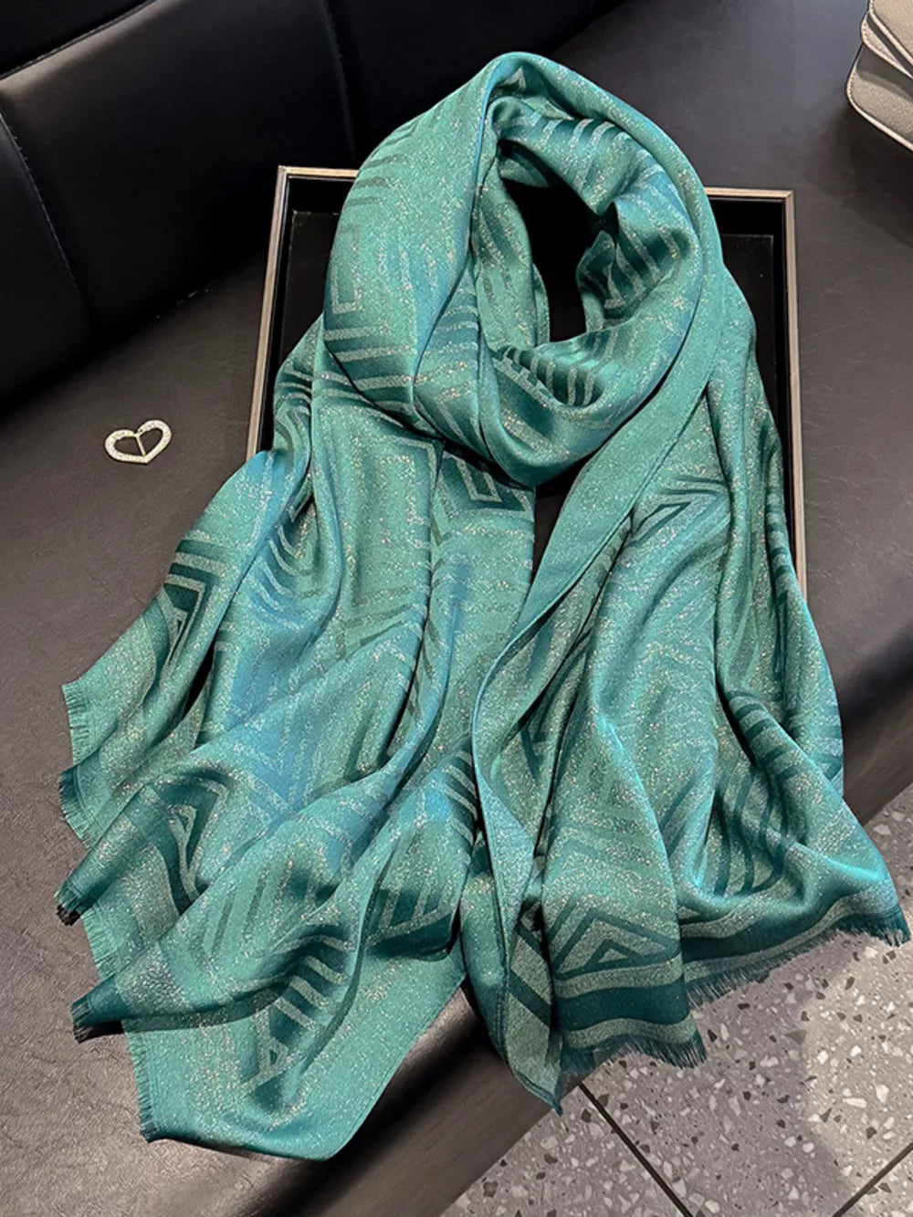 Green Tencel cotton scarf with geometric pattern and fringe detail