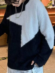 Men's black and white fuzzy knit geometric crew neck sweater.