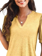 Yellow t-shirt with puff sleeves and notched V-neckline