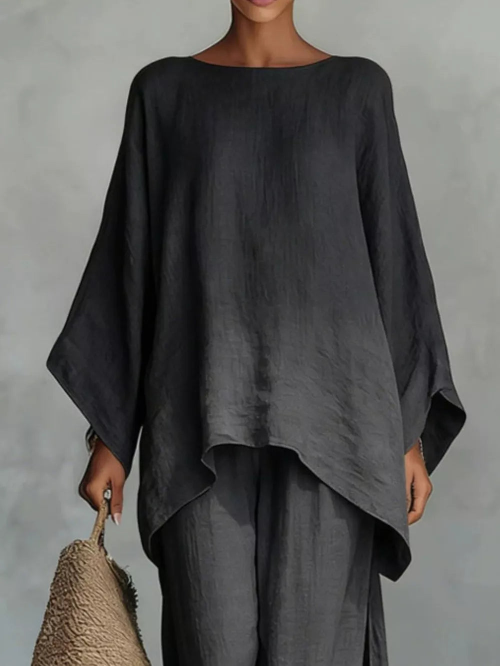 Full Size Round Neck Top And Wide Leg Pants Set in Black, fit detail