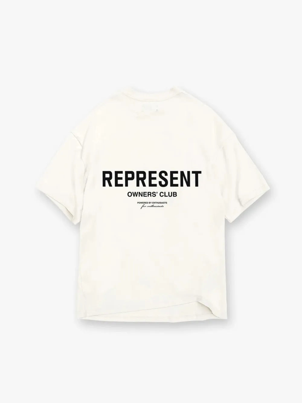 Oversized ivory graphic tee with black "REPRESENT OWNERS' CLUB" text and smaller print.