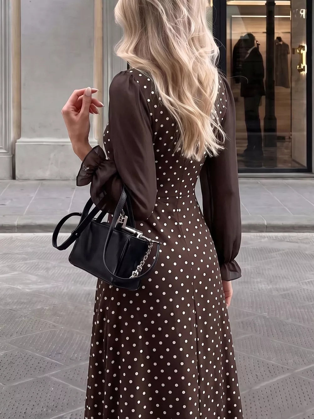 Polka Dot Square Neck Long Sleeve Maxi Dress in Brown, back view