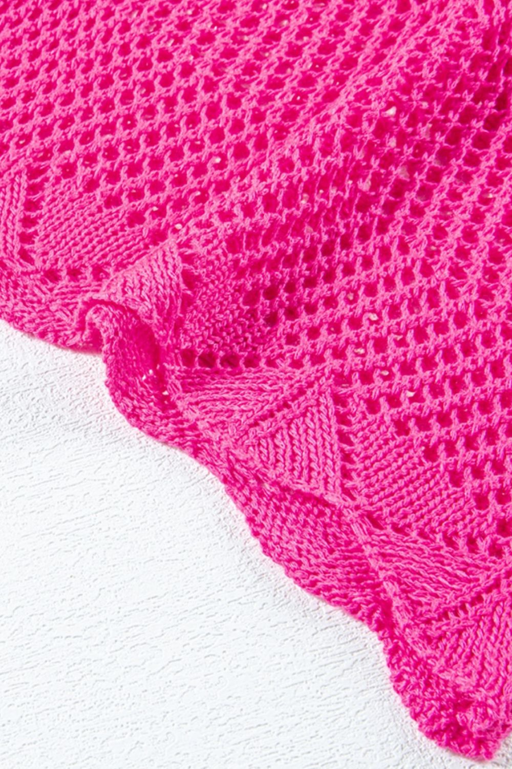 Hot pink open-knit chevron sleeve top with a scalloped hem.