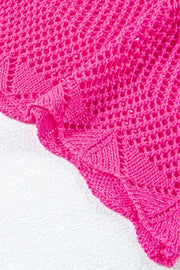 Hot pink open-knit chevron sleeve top with a scalloped hem.