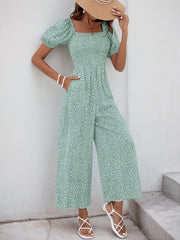 Light green floral print jumpsuit with smocked bodice and puff sleeves