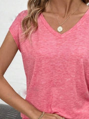 Cap sleeve slouchy v-neck tee in burnt coral with a marled texture.