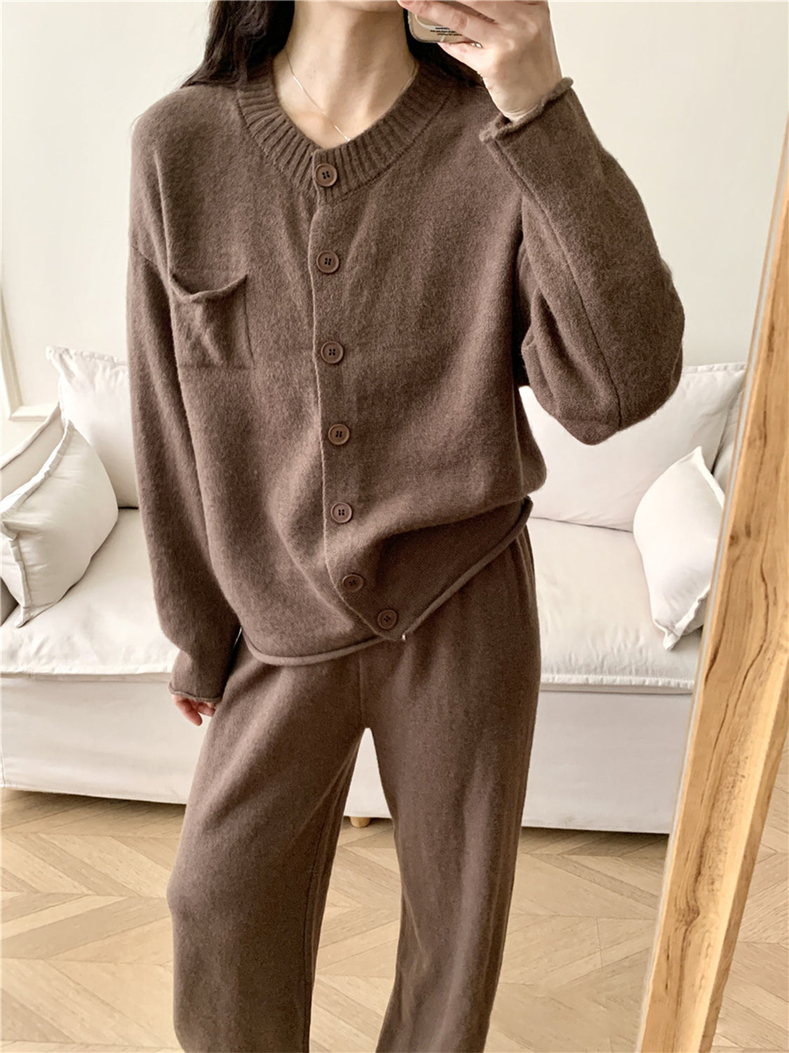 Taupe ribbed knit cardigan with pocket and matching wide leg pants set