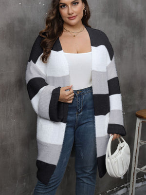 Chunky stripe open-front cocoon cardigan in black, white, and gray acrylic.