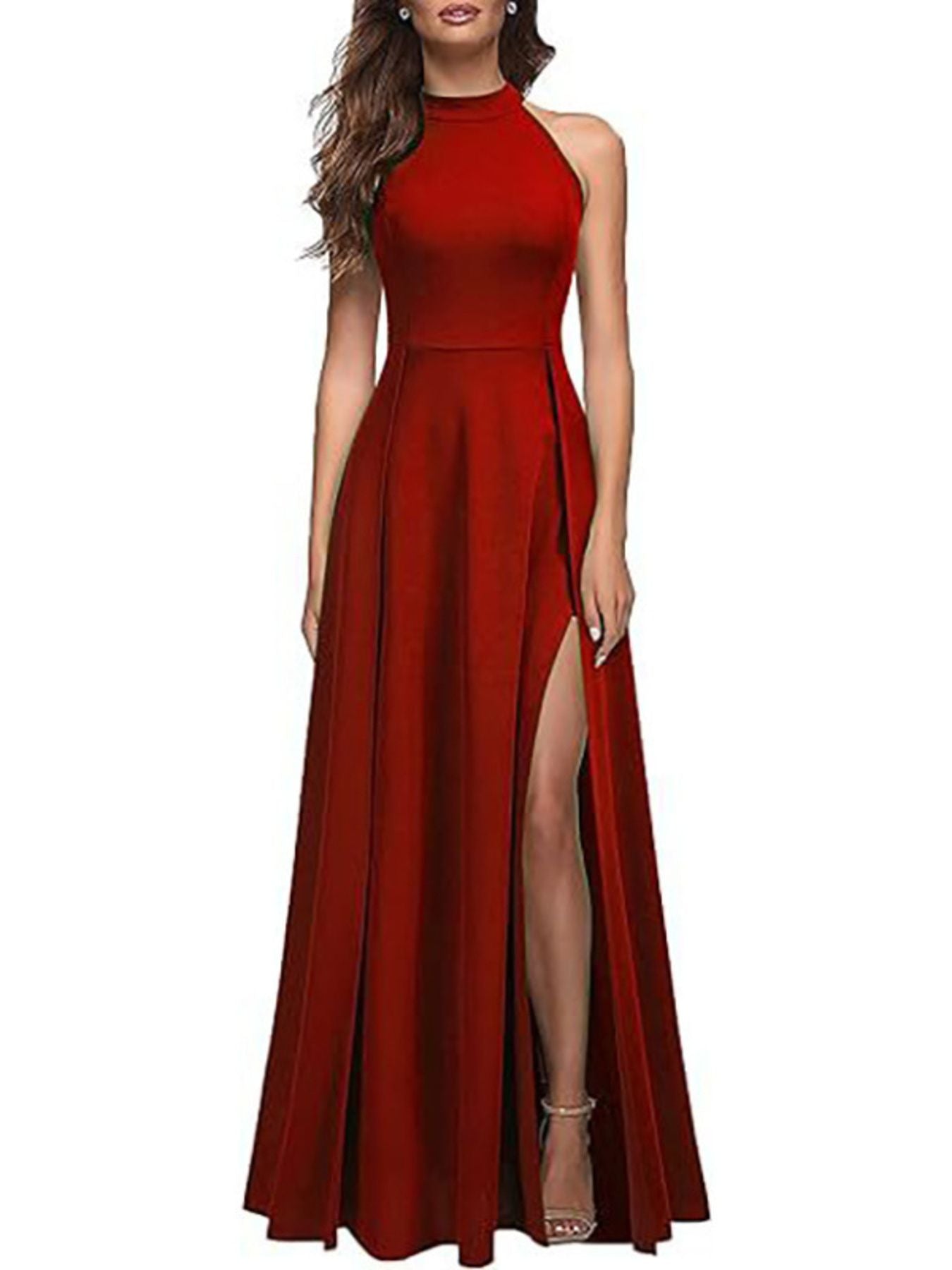 Red sleeveless maxi dress with high neck and thigh slit