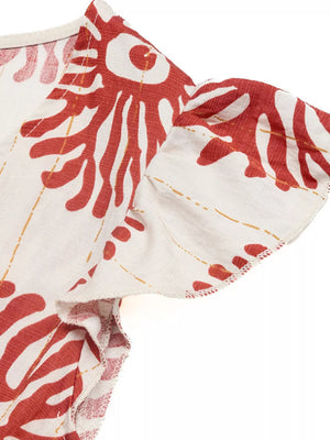 Maxi dress with red floral print, V-neck, and ruffled short sleeves.