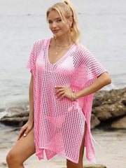 Pink textured V-neck ruched cover-up with side slits and drawstring detail.
