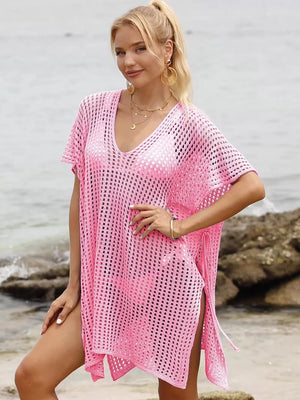 Pink textured V-neck ruched cover-up with side slits and drawstring detail.