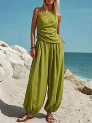 Draped One-shoulder Top & Wide-leg Pants Set