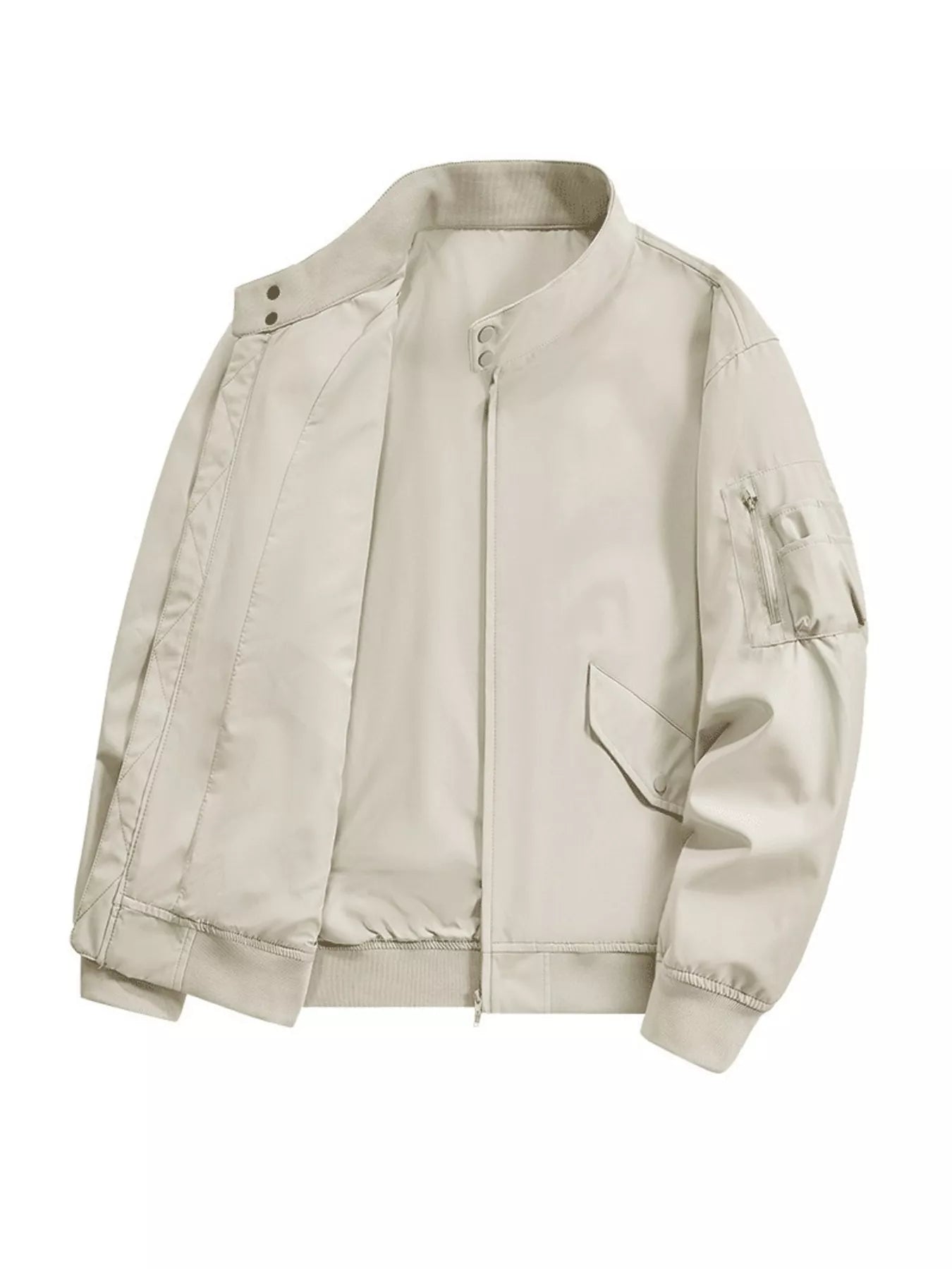 Beige gray bomber jacket with zip front, snap collar, and zippered sleeve pocket.