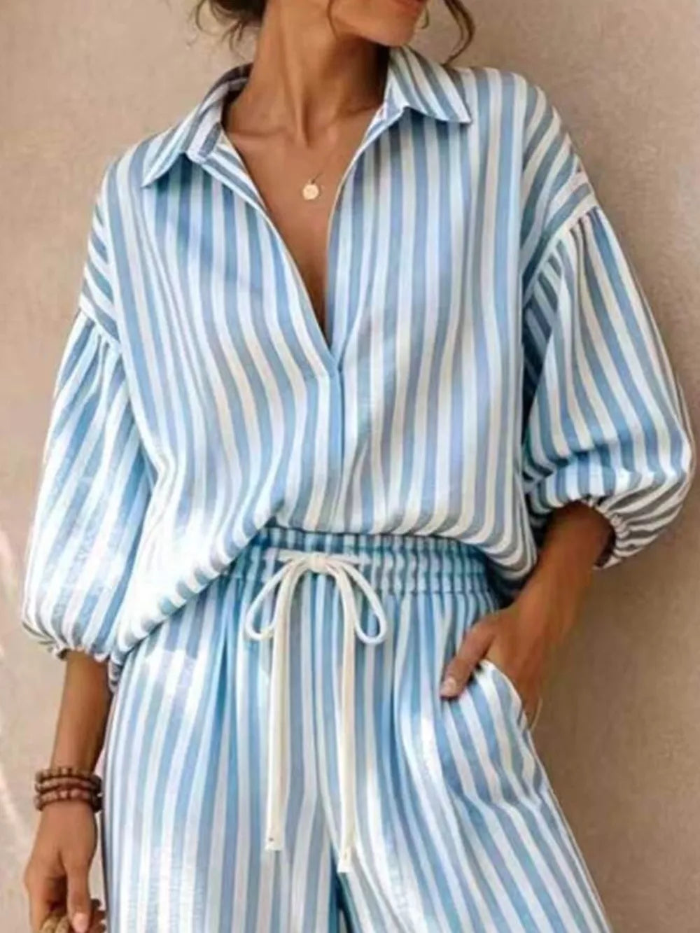 Striped Puff Sleeve Shirt And Wide-leg Pants Set in Khaki, view 11