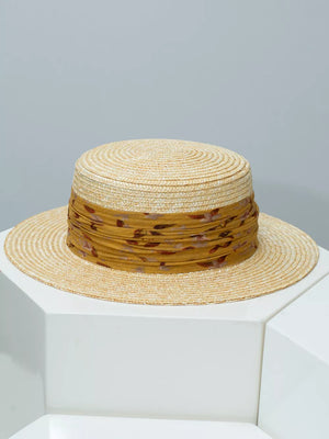 Wheat straw boater hat in Turmeric with ruched floral ribbon detail