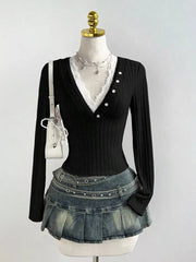 V-neck Lace Trim Ribbed Knit T-shirt, alternate angle