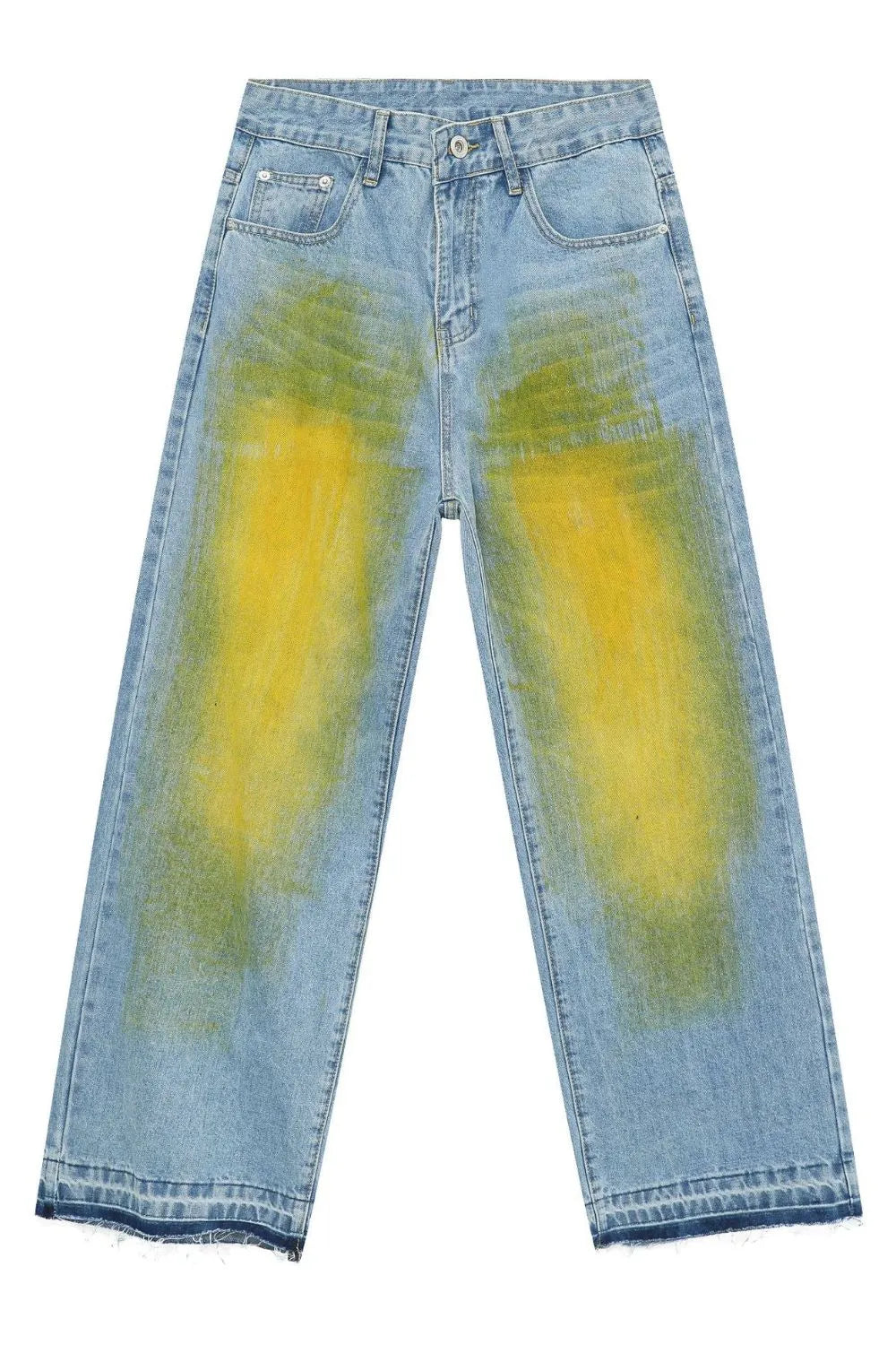 Oversized medium wash denim jeans with yellow and green spray paint effect.