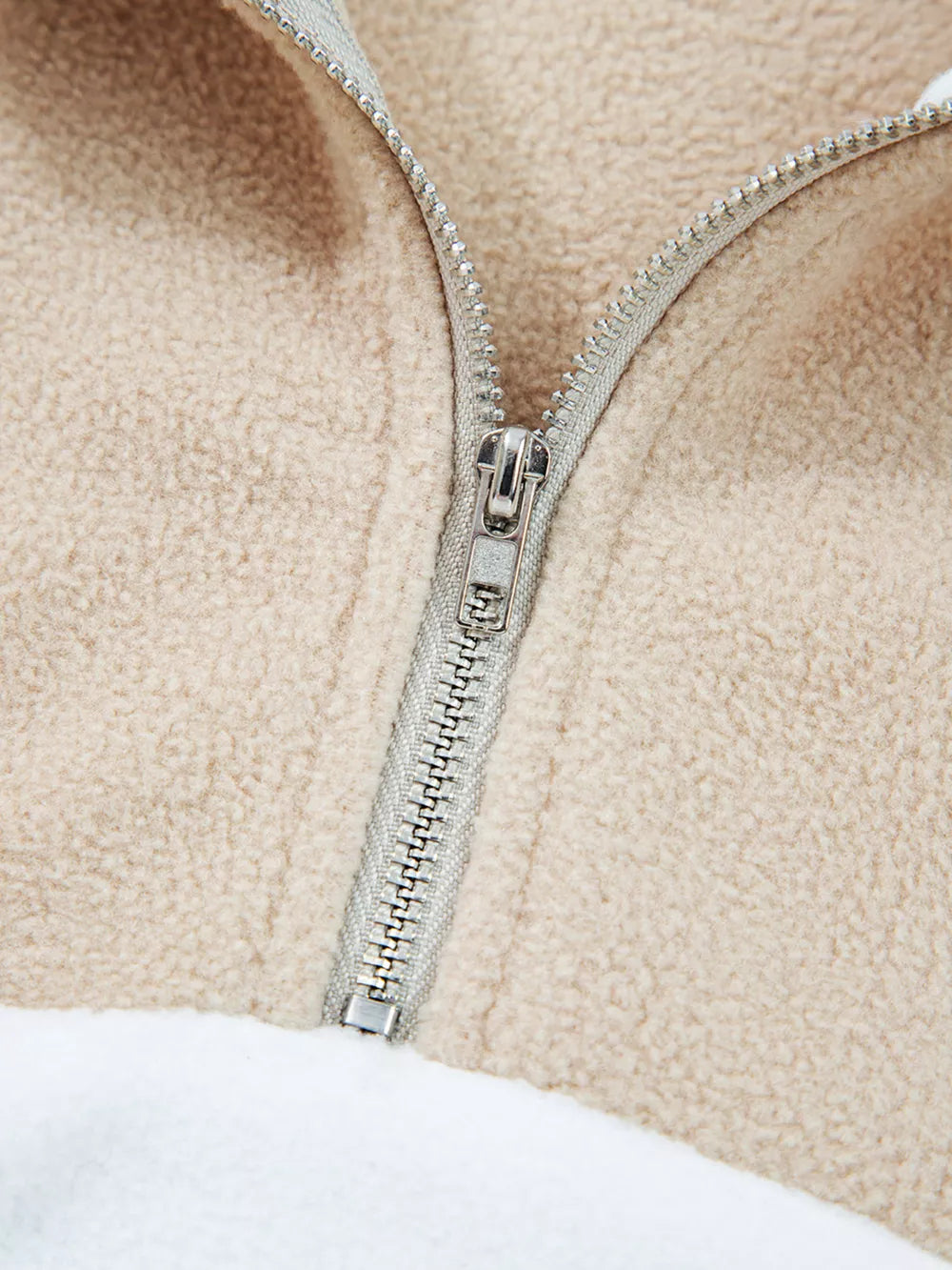 Fleece Colorblock Patchwork Zipped Neck Pullover in Khaki, editorial view