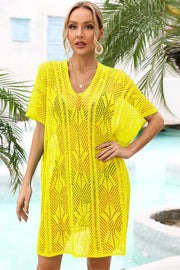 Yellow open-knit caftan with V-neck and short sleeves, featuring a diamond pattern.