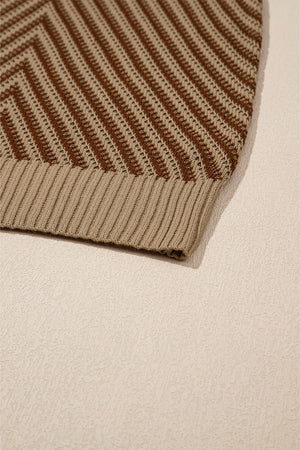 Chevron knit vest in brown and tan with ribbed hem detail.