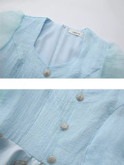 Light blue midi dress with square neckline, puff sleeves, and ornate button details.