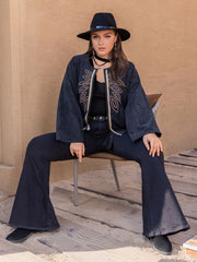 Dark Navy corduroy open-front jacket with leaf embroidery and gold trim detail.