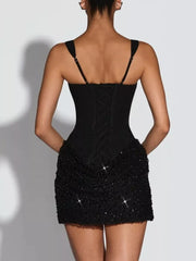 Black sequin mini dress with corset back and wide straps