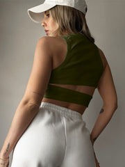 Moss green ribbed crop top with cutout back detail and high neckline.