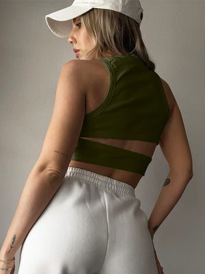 Moss green ribbed crop top with cutout back detail and high neckline.