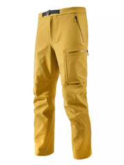 Yellow cargo sweatpants with zippered pockets and a belt.