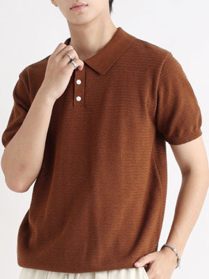Brown short-sleeve knit polo shirt with button detail