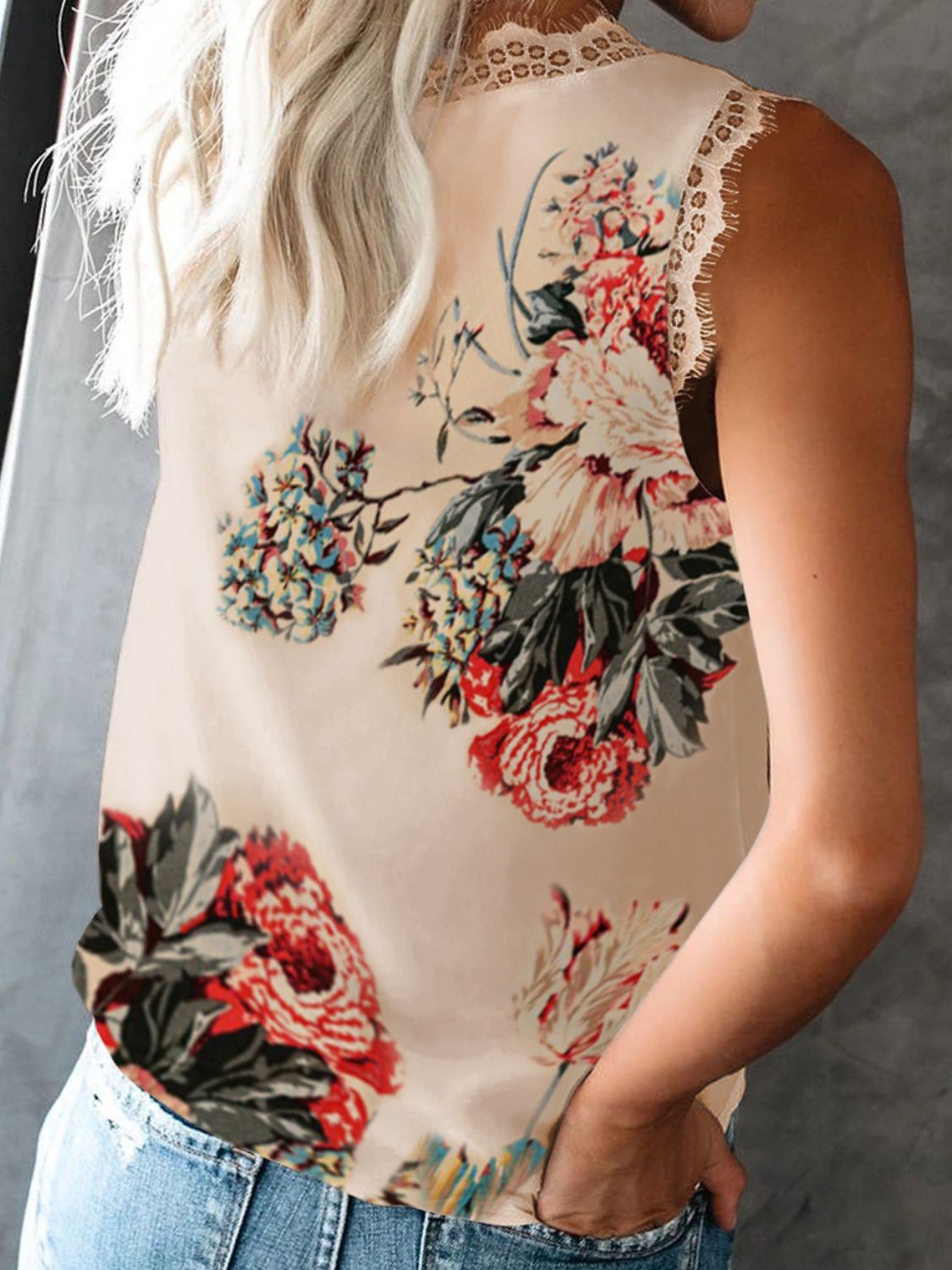 Floral print camisole with lace trim in cream, featuring a scoop neck and sleeveless design.