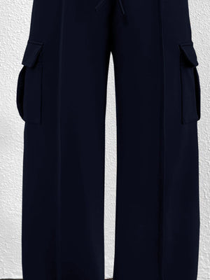 Navy high waist cargo sweatpants with drawstring and flap pockets.