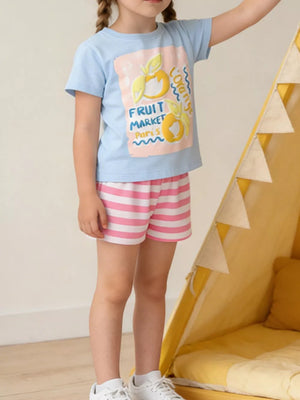 Playful fruit market cotton tee and shorts set for baby.