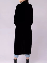 Black velvet longline trench coat with draped silhouette