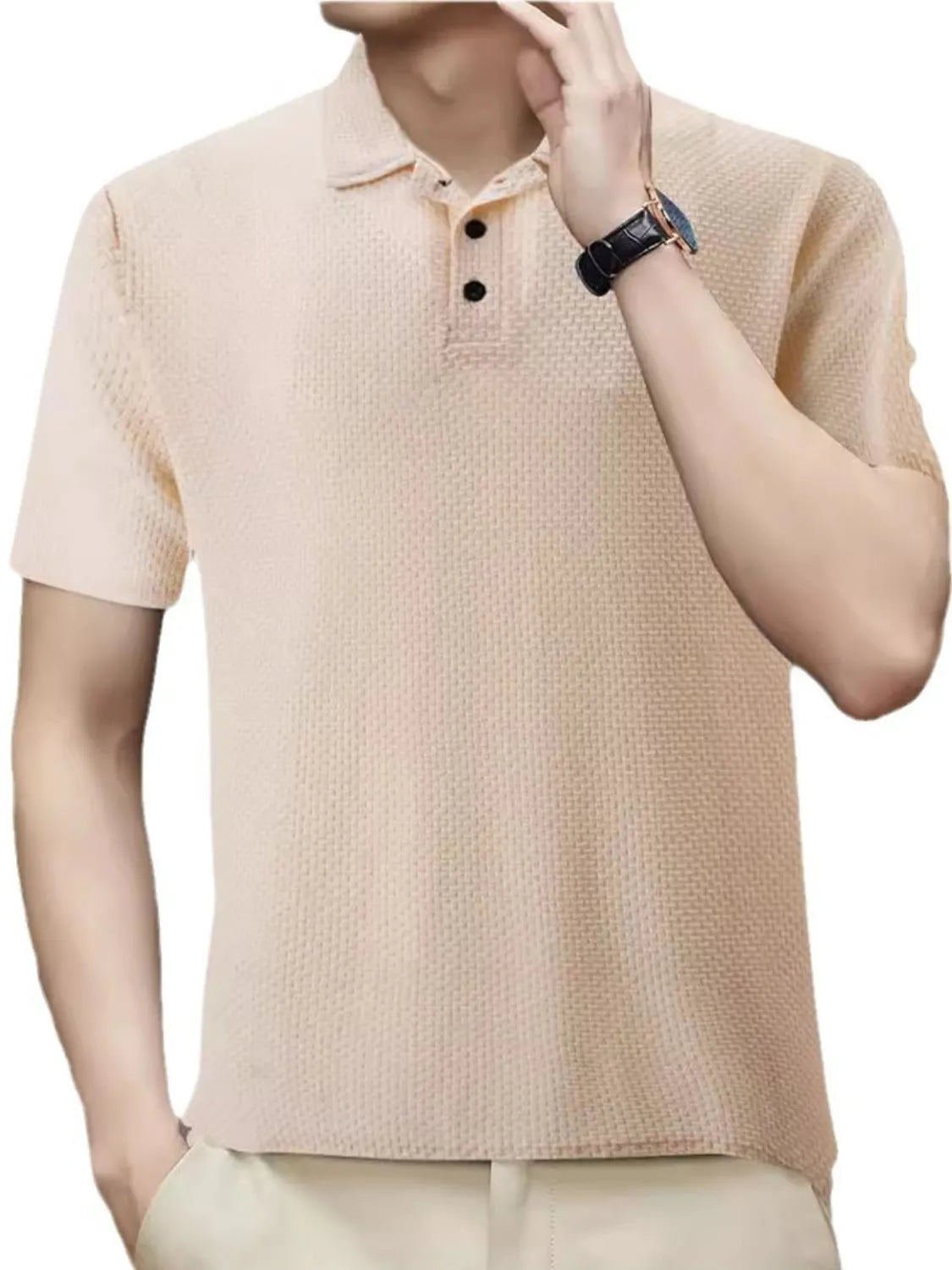 Khaki textured knit polo shirt with short sleeves and two black buttons.