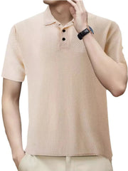 Khaki textured knit polo shirt with short sleeves and two black buttons.