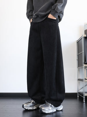 Men's black wide-leg sweatpants with pockets, relaxed fit, and textured fabric.