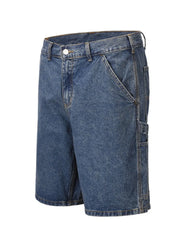 Carpenter denim bermuda shorts in medium wash with utility pocket detail.