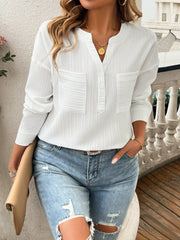 White textured henley blouse with two chest pockets and button placket, long sleeves