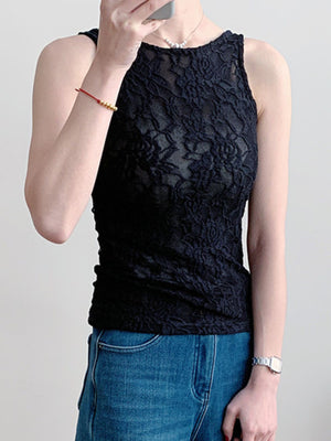 Black lace tank top with floral pattern and crew neck