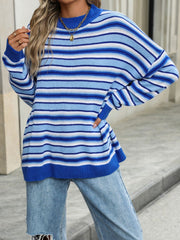 Azure Horizon Oversized Knit sweater in Royal Blue with horizontal stripes, crew neck, and long sleeves.