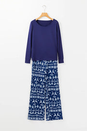 Navy lounge set with festive print pants and long sleeve top