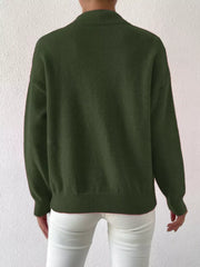 Army green mock neck knit sweater with dropped shoulders and ribbed hem.