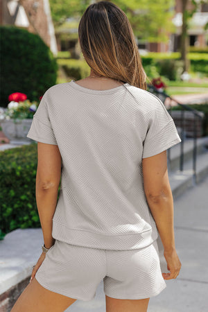 Light Gray geometric quilted tee and short set with short sleeves and crewneck.