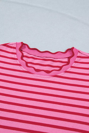 Pink and red striped maxi tee dress with scalloped trim neckline.