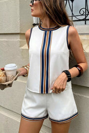Striped Sleeveless Top And Shorts Set in Black, close-up detail