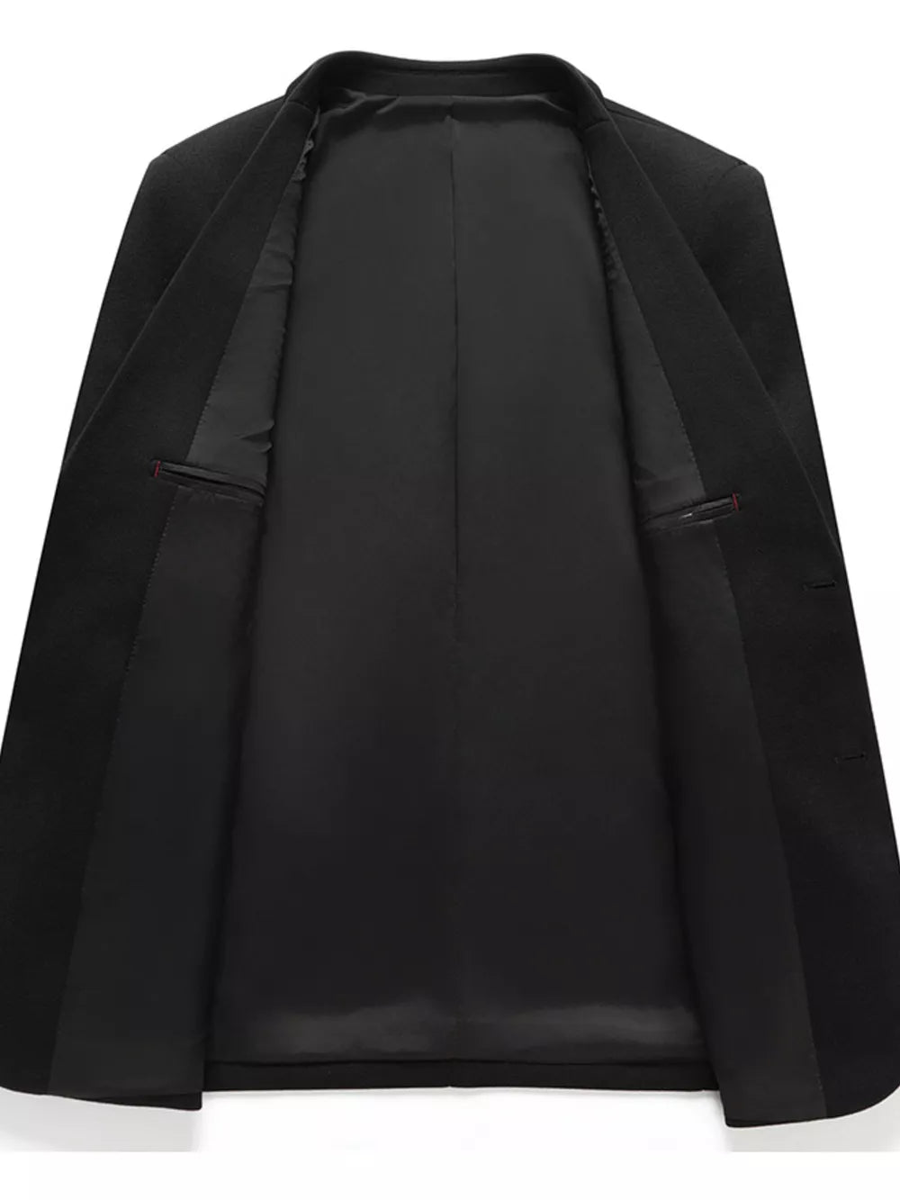 Black two-button men's blazer with interior pockets and smooth lining.